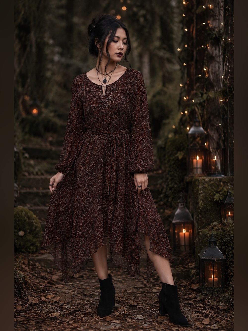 ESTELLE Camilla Dot V-Neck Midi Dress Sz 1X/16W Whimsigoth Etherial Dark Fairy